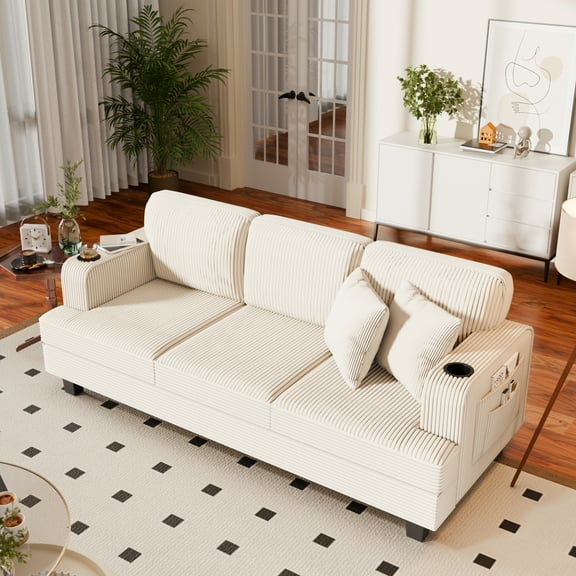 Homall 84''W Modern Sofa 3 Seat Adult Corduroy Couch with Wide Armrest Fabric Couch with USB Charging Ports for Living Room, Beige