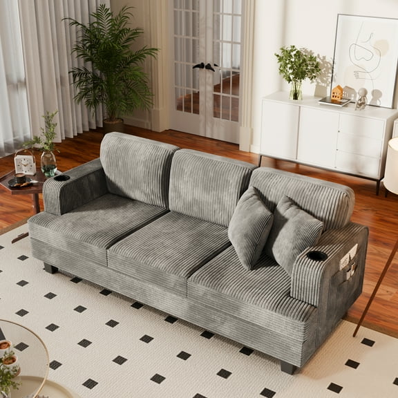 Homall 84''W Modern Sofa 3 Seat Adult Corduroy Couch with Wide Armrest Fabric Couch with USB Charging Ports for Living Room, Gray