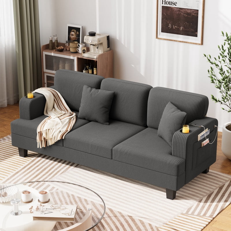 Homall 84''W Modern Sofa 3 Seat Adult Corduroy Couch with Wide Armrest Fabric Couch with USB Charging Ports for Living Room, Gray