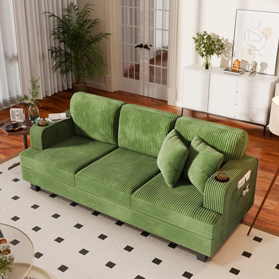 Homall 84''W Modern Sofa 3 Seat Adult Corduroy Couch with Wide Armrest Fabric Couch with USB Charging Ports for Living Room, Green