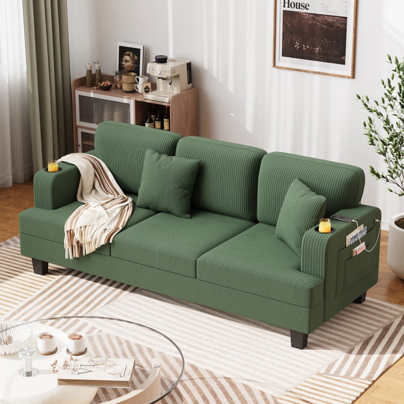 Homall 84''W Modern Sofa 3 Seat Adult Corduroy Couch with Wide Armrest Fabric Couch with USB Charging Ports for Living Room, Green