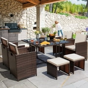 Homall 9 Pieces Outdoor Dining Sets Patio Rattan Conversation Set Space Saving Wicker Chairs with Glass Table,Beige