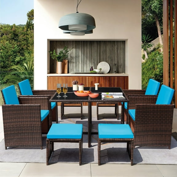 Homall 9 Pieces Outdoor Dining Sets Patio Rattan Conversation Set Space Saving Wicker Chairs with Glass Table,Blue
