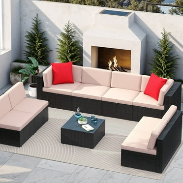 Homall 9 Pieces Rattan Patio Furniture Conversation Set Outdoor Sectional Sofa for Backyard,Beige