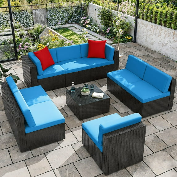 Homall 9 Pieces Rattan Patio Furniture Conversation Set Outdoor Sectional Sofa for Backyard,Blue
