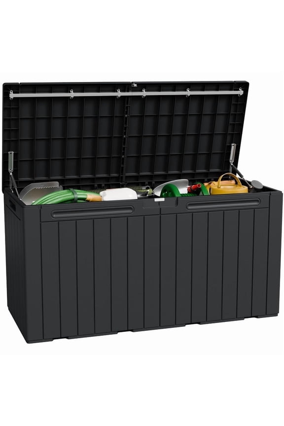 98 Gallon Deck Box with Lockable Lid, Waterproof Outdoor Storage Container for Patio, Garden & Backyard, Black