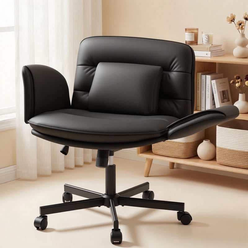 Homall Cross Legged Chair with Armrests and Wheels, PU Leather Vanity Chair, Adjustable Swivel Computer Office Chairs for Home Office, Make Up, Black