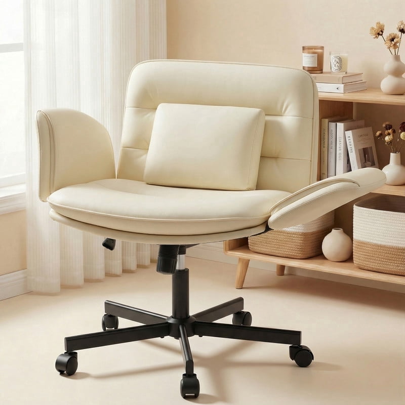 Homall Cross Legged Chair with Armrests and Wheels, PU Leather Vanity Chair, Adjustable Swivel Computer Office Chairs for Home Office, Make Up, Beige