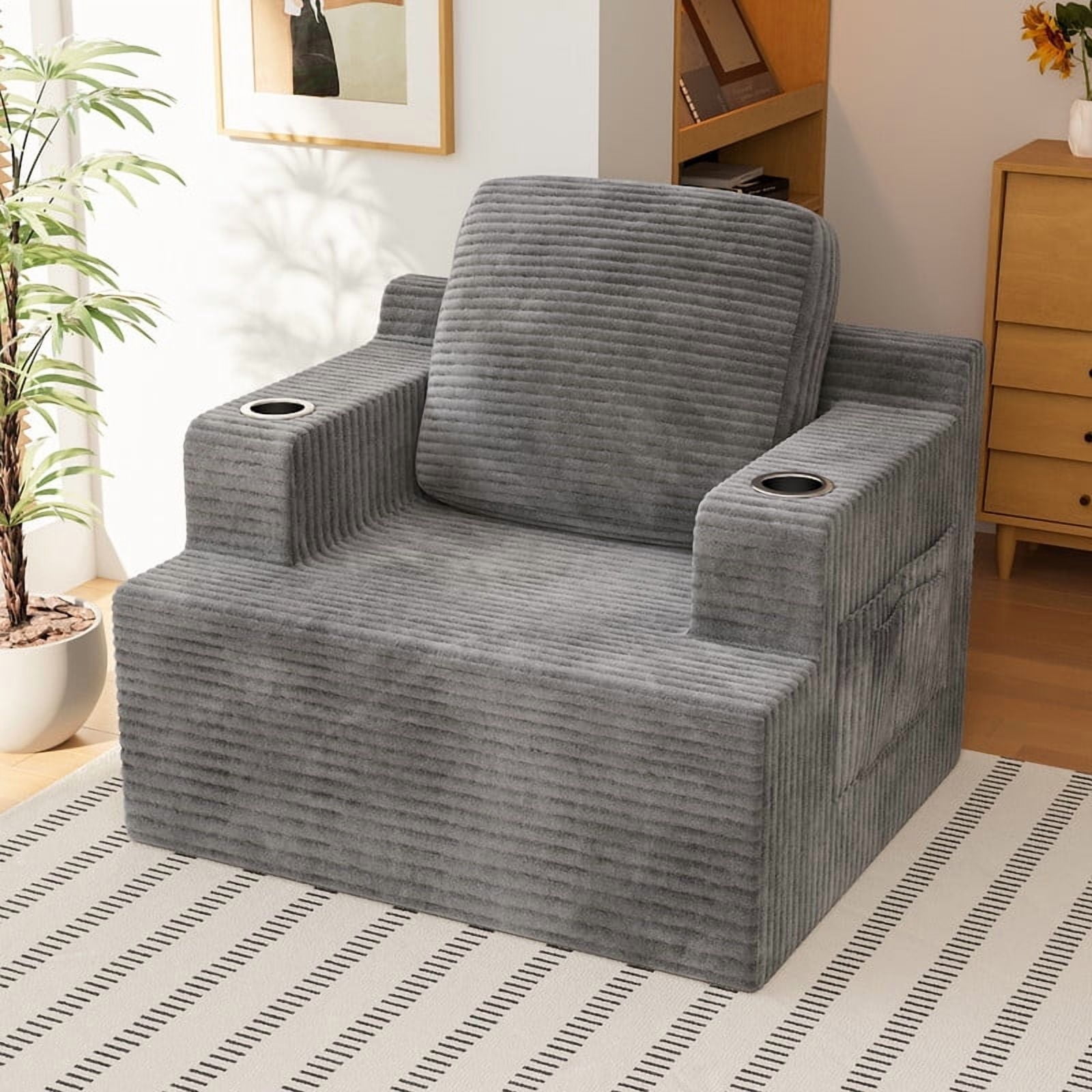 Homall Adult Deep Seat Chaise Lounge Sofa Chair Oversized Corduroy Cloud Boneless Single Sofa with Cup Holders ,Gray
