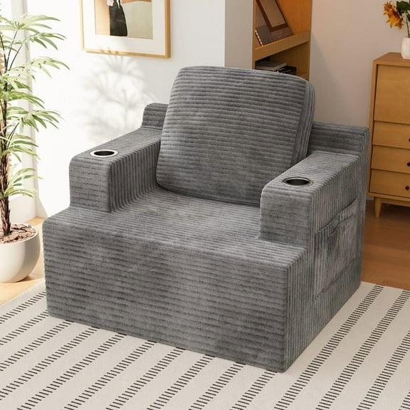 Homall Adult Deep Seat Chaise Lounge Sofa Chair Oversized Corduroy Cloud Boneless Single Sofa with Cup Holders ,Gray