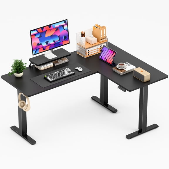 Homall 63in Wide L-shaped Electric Sit-Stand Desk Lifting Range 28~46in Height Gear Memory Ergonomics Standing Desk Height Adjustable Computer Desk, Black