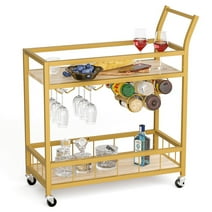 Homall Bar Cart Home Industrial Mobile Bar Cart with Wine Rack, Glass Holder and Wood Storage Shelves for Living Room, Kitchen, Party, Gold