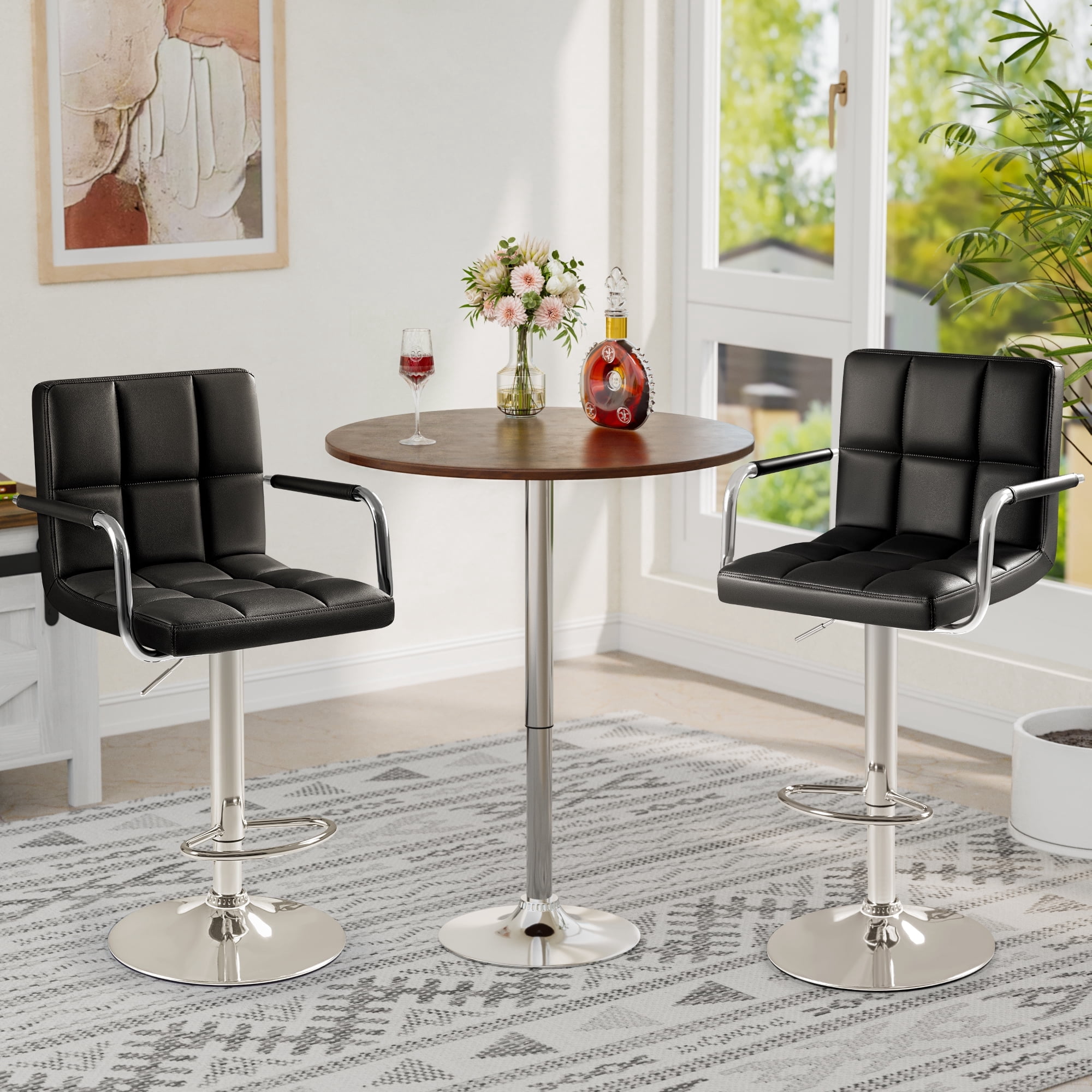Homall Bar Stools Set of 2 Modern PU Leather Height Adjustable Hydraulic Kitchen Counter Square Island Swivel Barstool with Armrest, Black