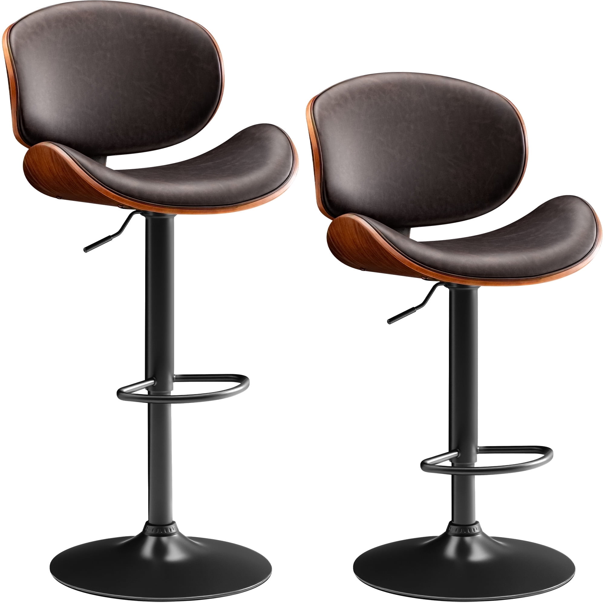 Homall Bar Stools Set of 2 Swivel Counter Height Bar Chairs Upholstered Bentwood Barstools with Back and Footrest for Kitchen, Coffee Bar, Brown