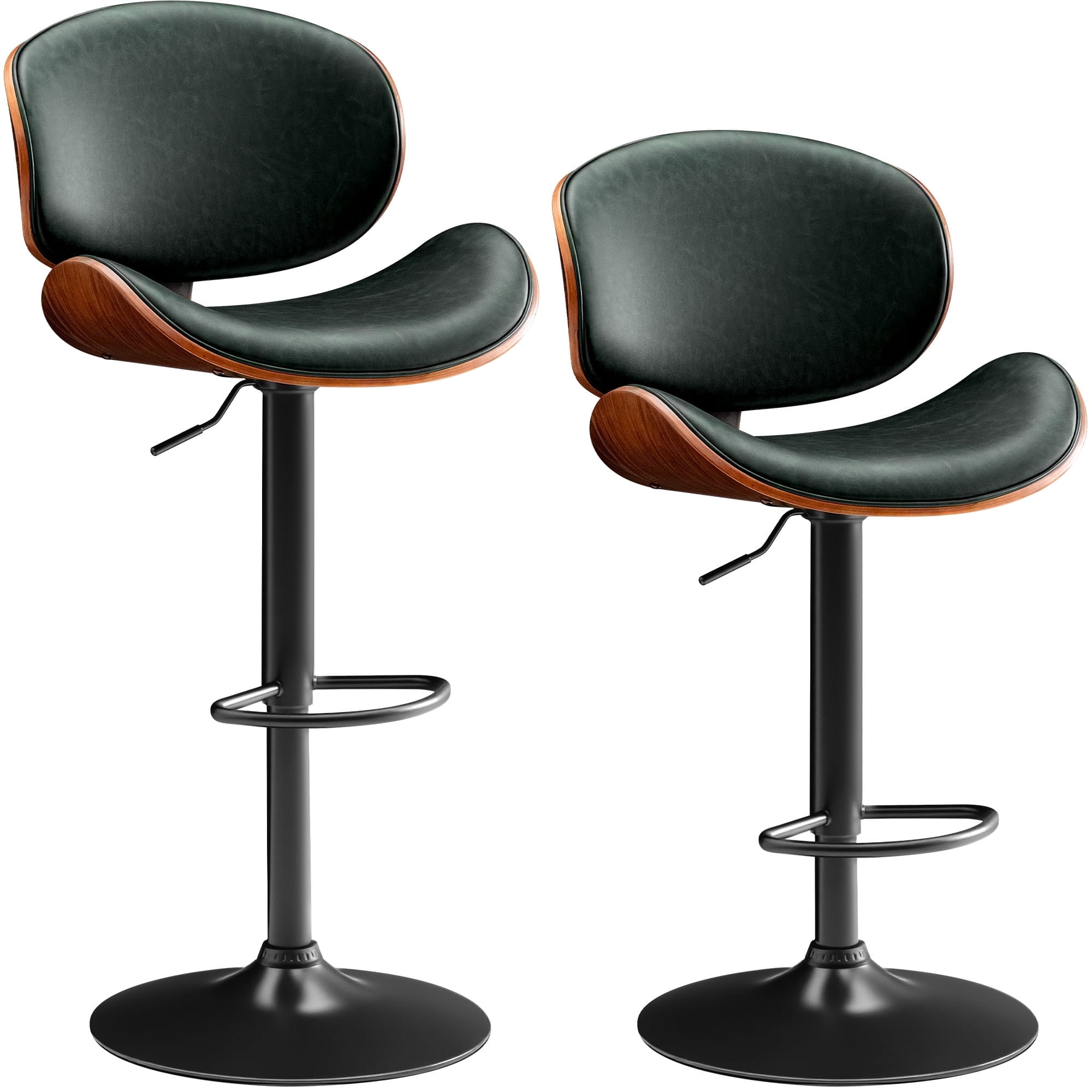 Homall Bar Stools Set of 2 Swivel Counter Height Bar Chairs Upholstered Bentwood Barstools with Back and Footrest for Kitchen, Coffee Bar, Green