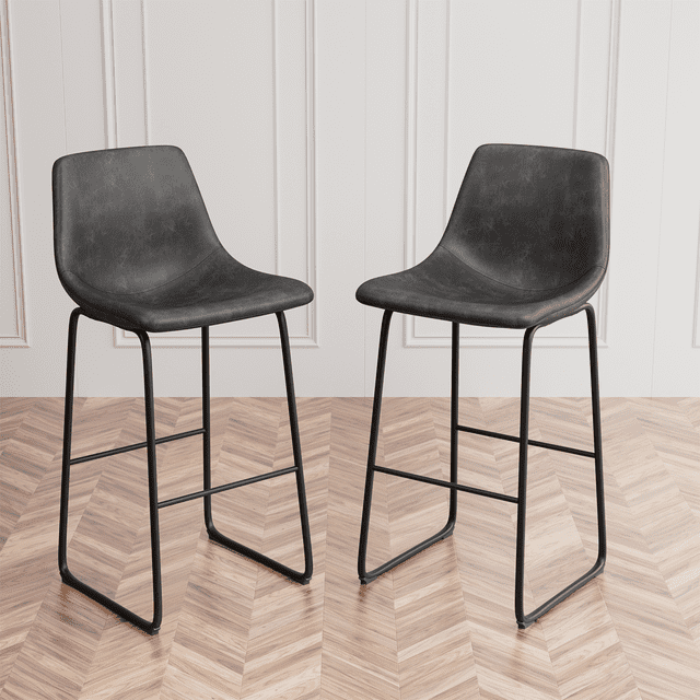 Homall Set of 2 High PU Leather & Metal Barstools With Back & Footrest, Black