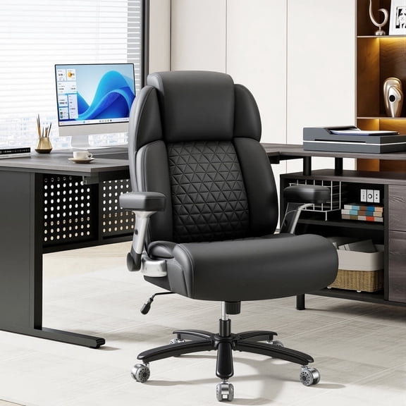Homall Big and Tall Office Chair , PU Leather High Back Desk Chair with Thick Cushion,5D Flip Arms, Adjustable Headrest & Lumbar Airbag Support, Black