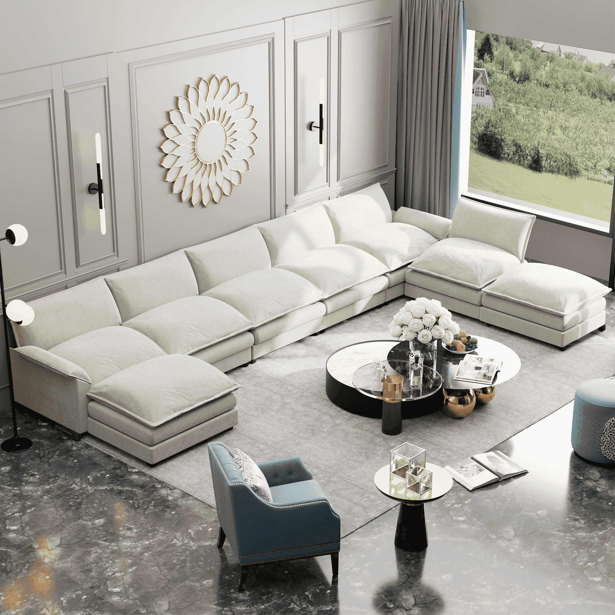 Homall 8-Seats Modular Sectional Sofa, U-Shaped Cloud Couch with Ottomans, Oversized Deep Seat Convertible Sofa Set for Living Room, Chenille,  White