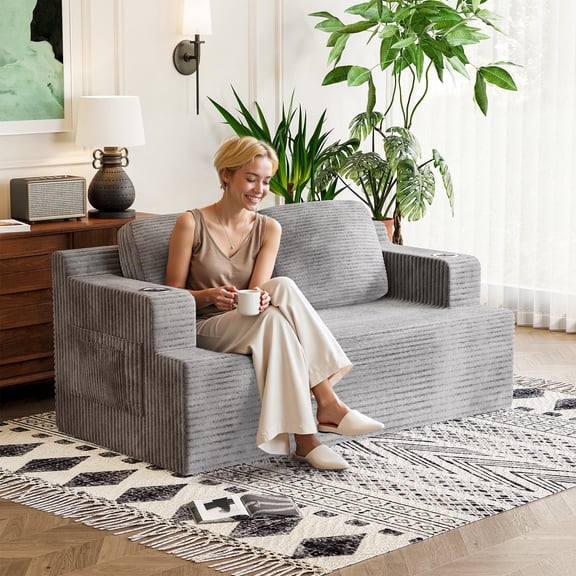 Homall Cloud Boneless Corduroy Sofa Loveseat Double-seater Couch Lounge Floor Chair for Bedroom,Gray