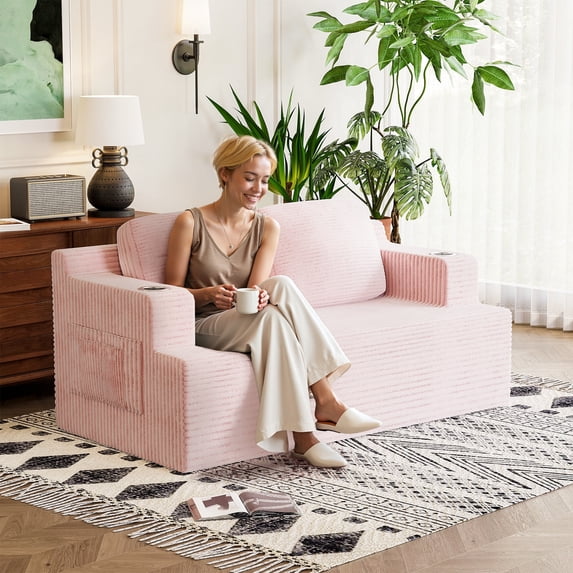 Homall Cloud Boneless Corduroy Sofa Loveseat Double-seater Couch Lounge Floor Chair for Bedroom,Pink