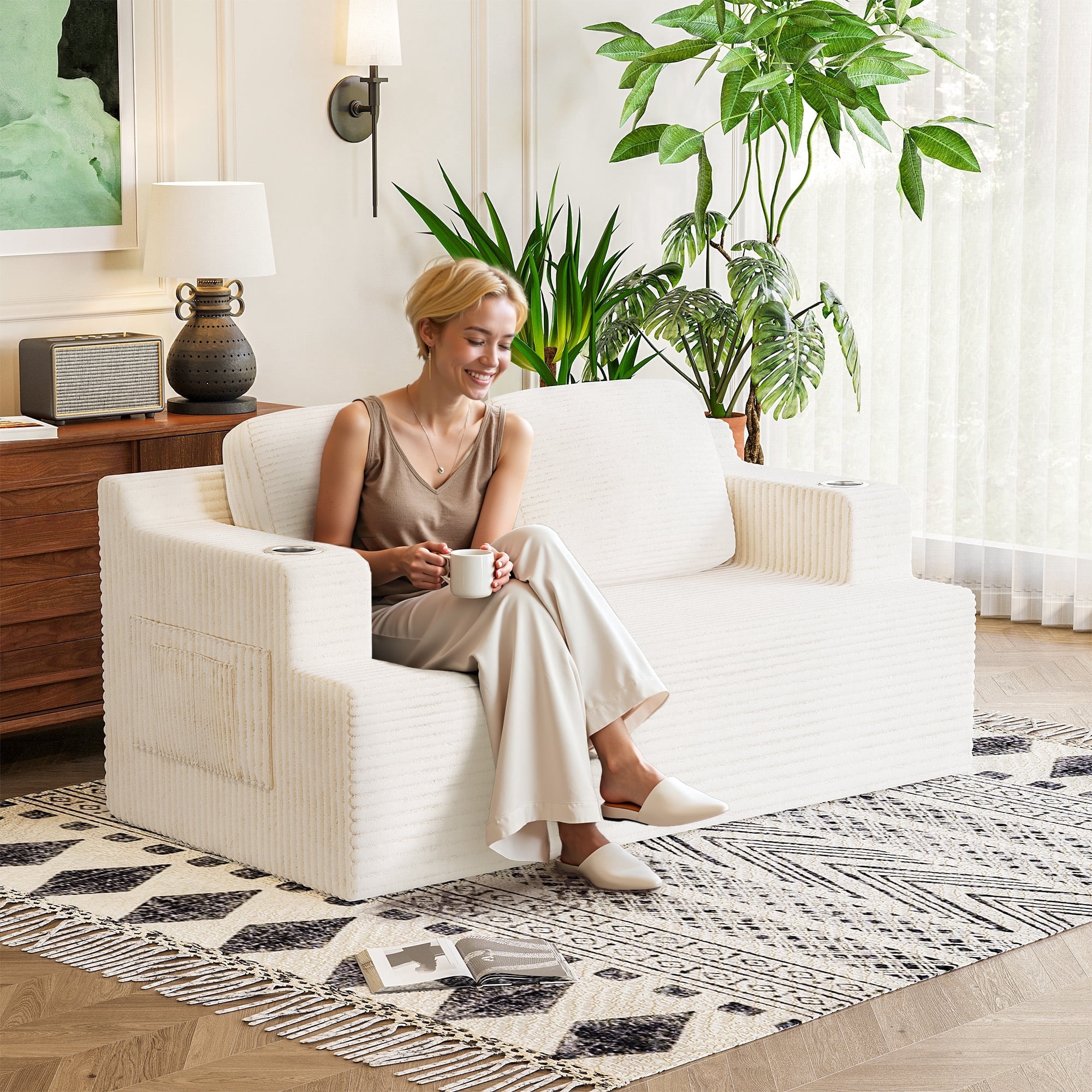 Homall Cloud Boneless Corduroy Sofa Loveseat Double-seater Couch Lounge Floor Chair for Bedroom,White