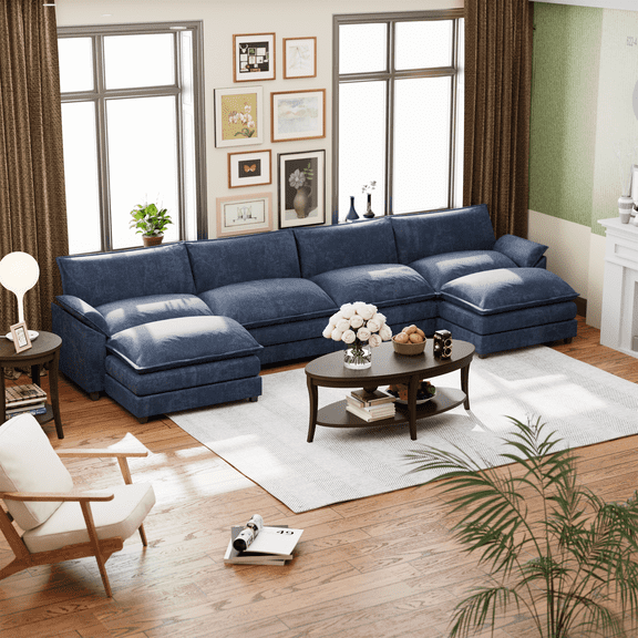 Homall U-Shape 4 Seat Cloud Couch Sectional Sofa with chaise lounge Convertible Sofa Set for Living Room, Blue
