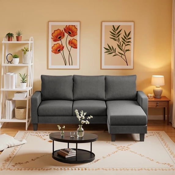 Homall Convertible Sectional Sofa Couch, Modern Linen Fabric L-Shaped Couch 3-Seat Sofa Sectional with Reversible Chaise for Small Living Room, Apartment and Small Space, New Dark Gray