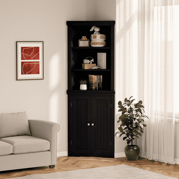Homall Corner Cabinet Freestanding Corner Shelf with 2 Doors and 3 Shelves, Tall Corner Storage Cabinet for Bathroom, Living Room, Kitchen, Black
