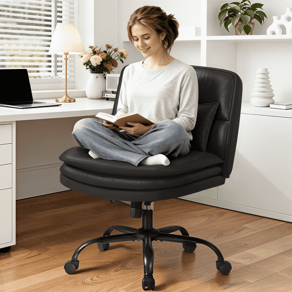 Homall Cross Legged Wide Seat Office Chair with Wheels, Office Armless Desk Chair, Modern Swivel Computer Task Chair Height Adjustable Vanity Chair,PU Leather,Black