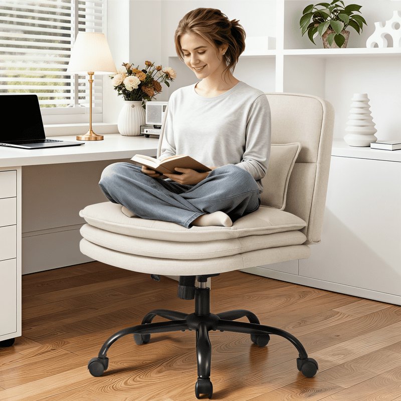 Homall Cross Legged Wide Seat Office Chair with Wheels,Office Armless Desk Chair, Modern Swivel Computer Task Chair Height Adjustable Vanity Chair,in Fabric,Beige