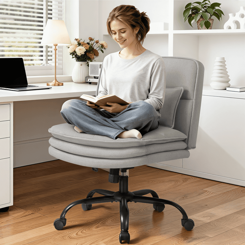 Homall Cross Legged Wide Seat Office Chair with Wheels,Office Armless Desk Chair, Modern Swivel Computer Task Chair Height Adjustable Vanity Chair,in Fabric,Gray