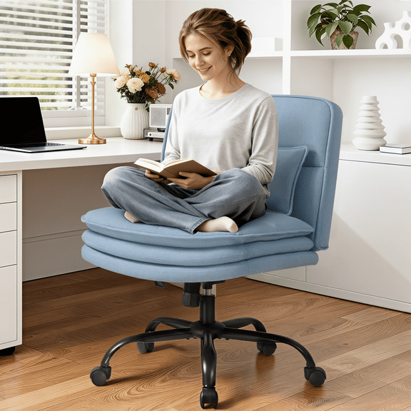 Homall Cross Legged Wide Seat Office Chair with Wheels,Office Armless Desk Chair, Modern Swivel Computer Task Chair Height Adjustable Vanity Chair,in Fabric,Blue