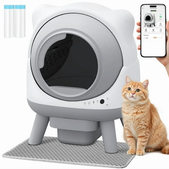 Homall Cute Cat-Ear Self-Cleaning Automatic Cat Litter Box with Smart Sensors, App Control & Health Monitoring,Gray