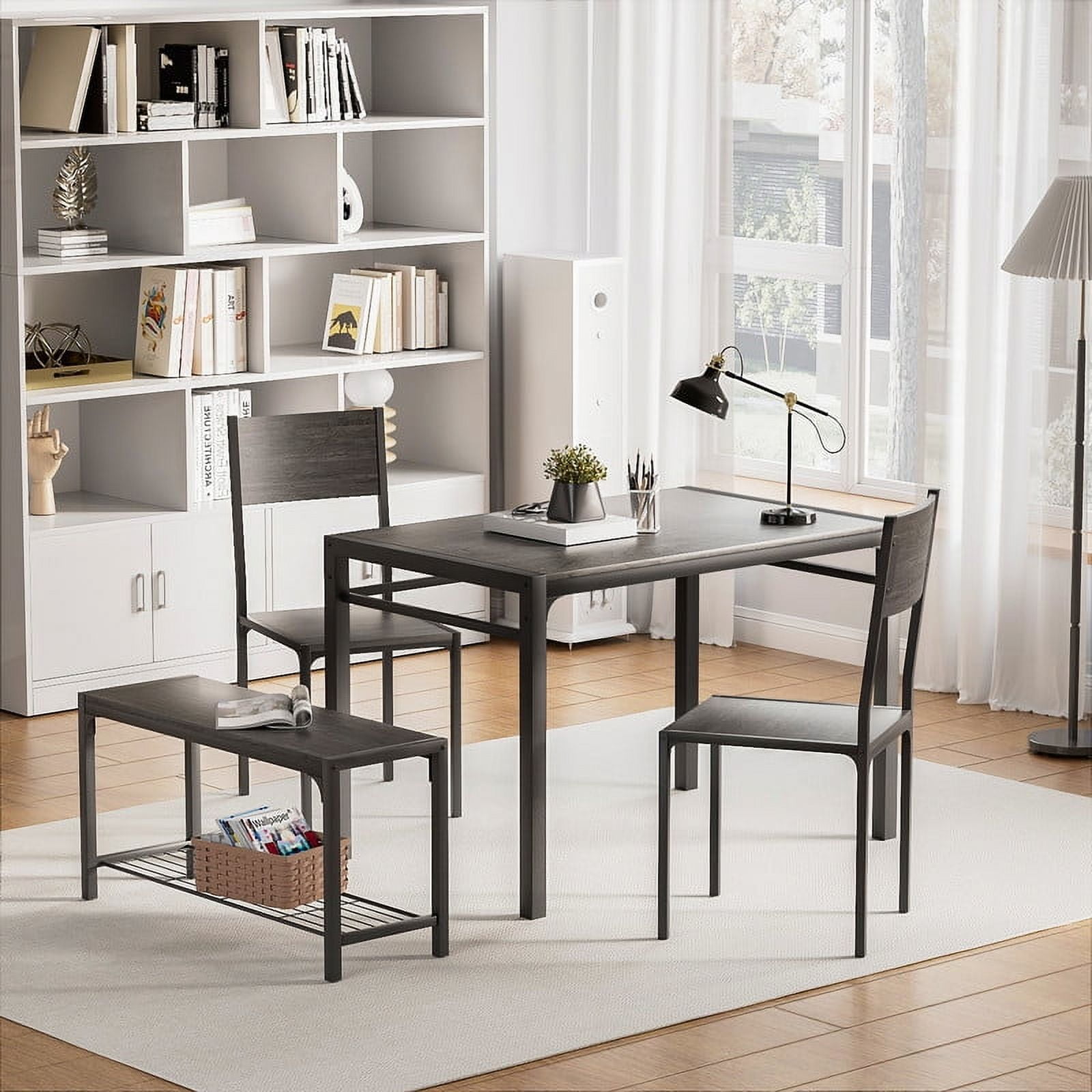 Gray Metal and Wood 4-Piece Dining Set with Bench and 2 Chairs