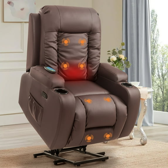 Homall Electric Lift Assist Recliner Chair Modern Single Sofa Seat with Heated Ergonomic Massage Chair with Drink Holders For Living Room Chair (Brown))