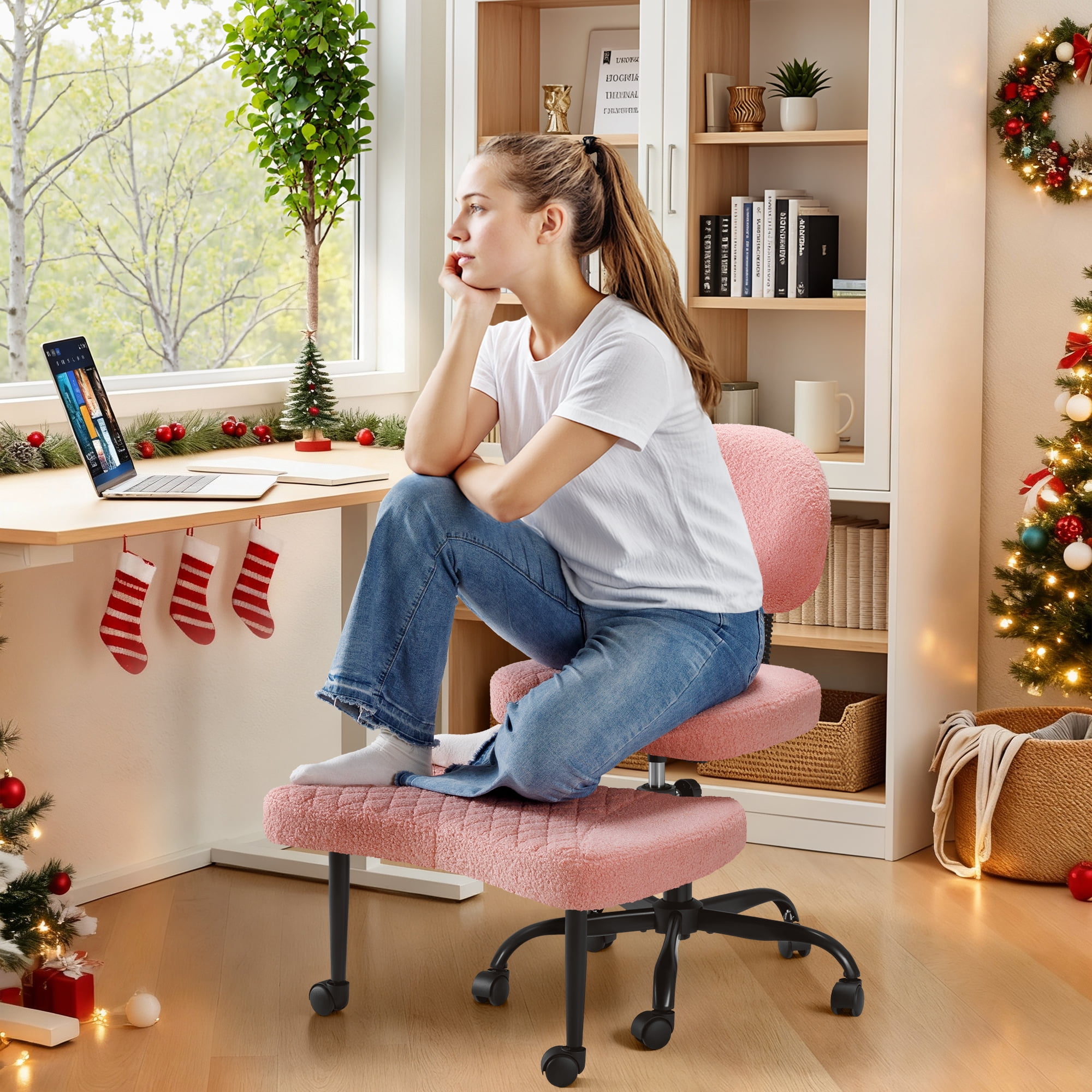 Homall Ergonomic Cross Legged Chair,360°Swivel Wheels, Height Adjustable Ergonomic Kneeling Desk Chairs for ADHD,Meditation ,Yoga and Home Office with Strong Lumbar Support,Teddy Fabric,Pink