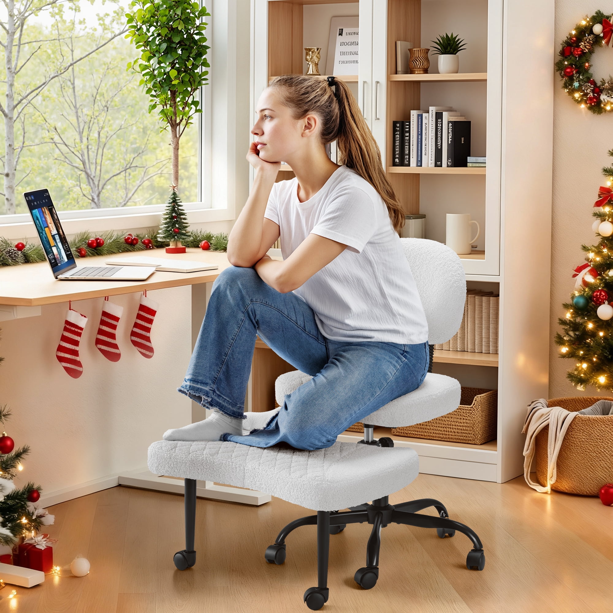 Homall Ergonomic Cross Legged Chair,360°Swivel Wheels, Height Adjustable Ergonomic Kneeling Desk Chairs for ADHD,Meditation ,Yoga and Home Office with Strong Lumbar Support,Teddy Fabric,Off White