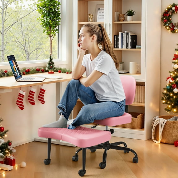 Homall Ergonomic Cross Legged Chair,361°Swivel Wheels, Height Adjustable Ergonomic Kneeling Desk Chairs for ADHD,Meditation ,Yoga and Home Office with Strong Lumbar Support,PU Leather,Pink