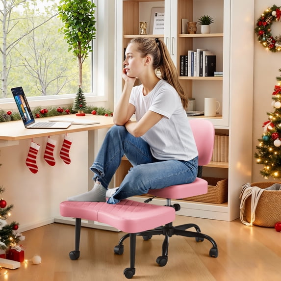 Homall Ergonomic Cross Legged Chair,361°Swivel Wheels, Height Adjustable Ergonomic Kneeling Desk Chairs for ADHD,Meditation ,Yoga and Home Office with Strong Lumbar Support,PU Leather,Pink