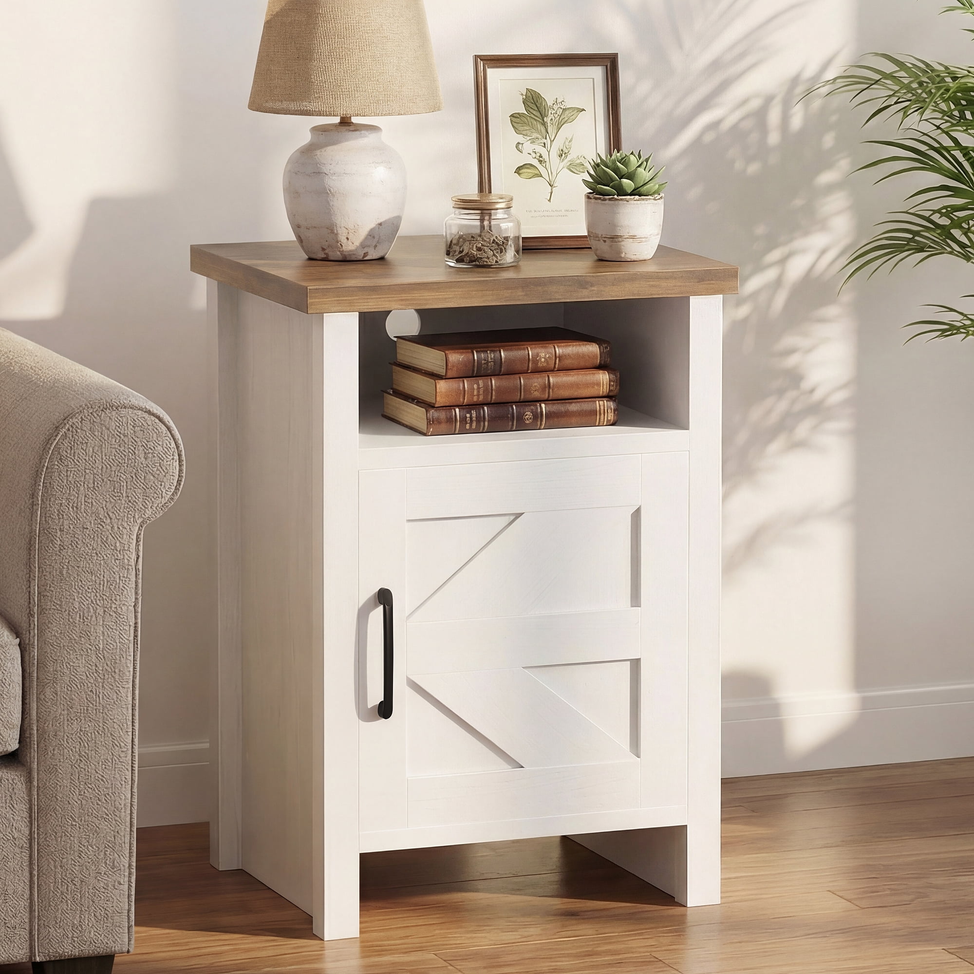 Homall Farmhouse Nightstand 1 Piece with Shelf and Barn Door Wood Modern Beside Tables for Bedroom Living Room, White