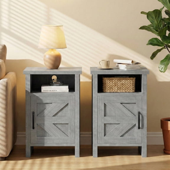 Homall Farmhouse Nightstand Set of 2 with Shelf and Barn Door Wood Modern Beside Tables for Bedroom Living Room, Gray