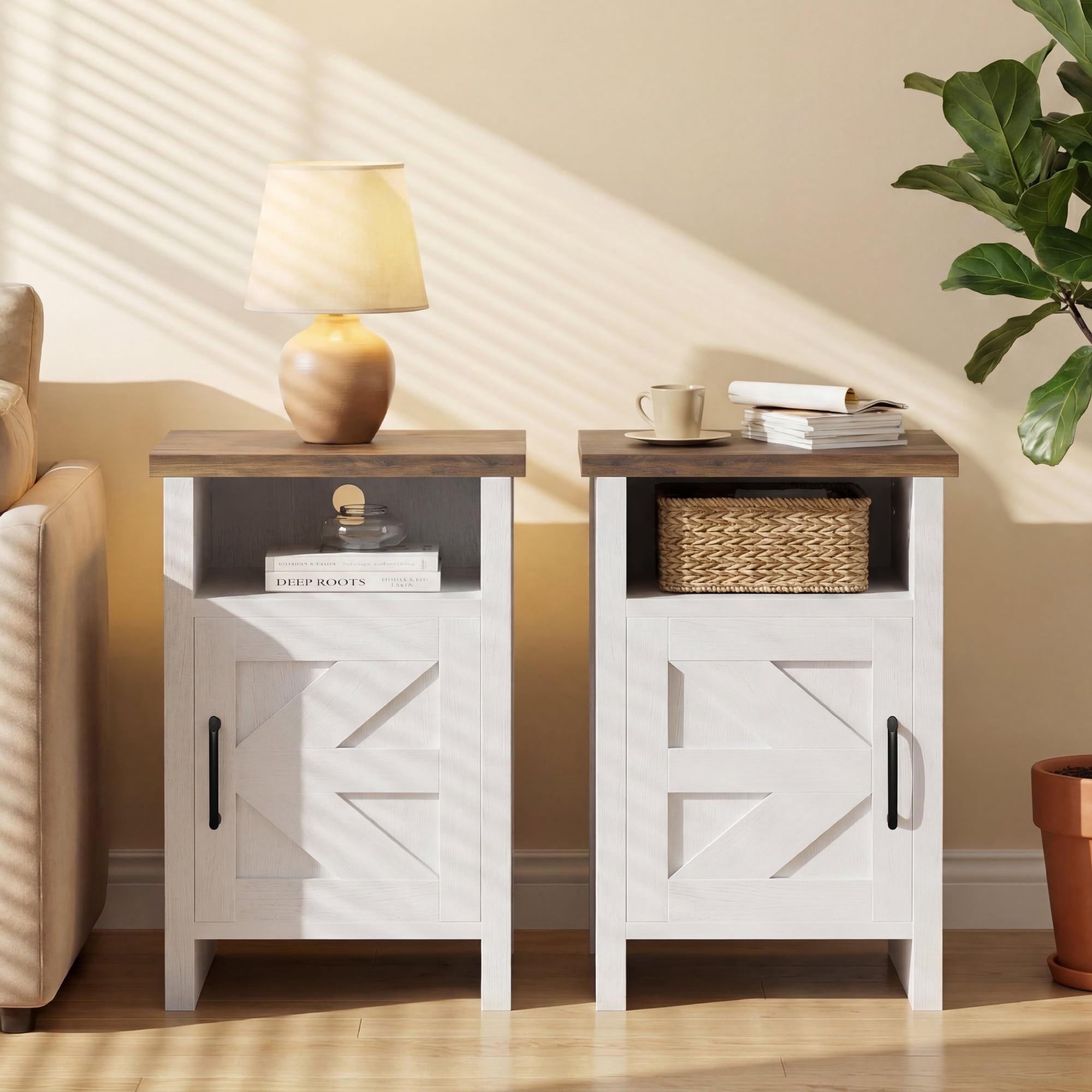 Homall Farmhouse Nightstand Set of 2 with Shelf and Barn Door Wood Modern Beside Tables for Bedroom Living Room, White
