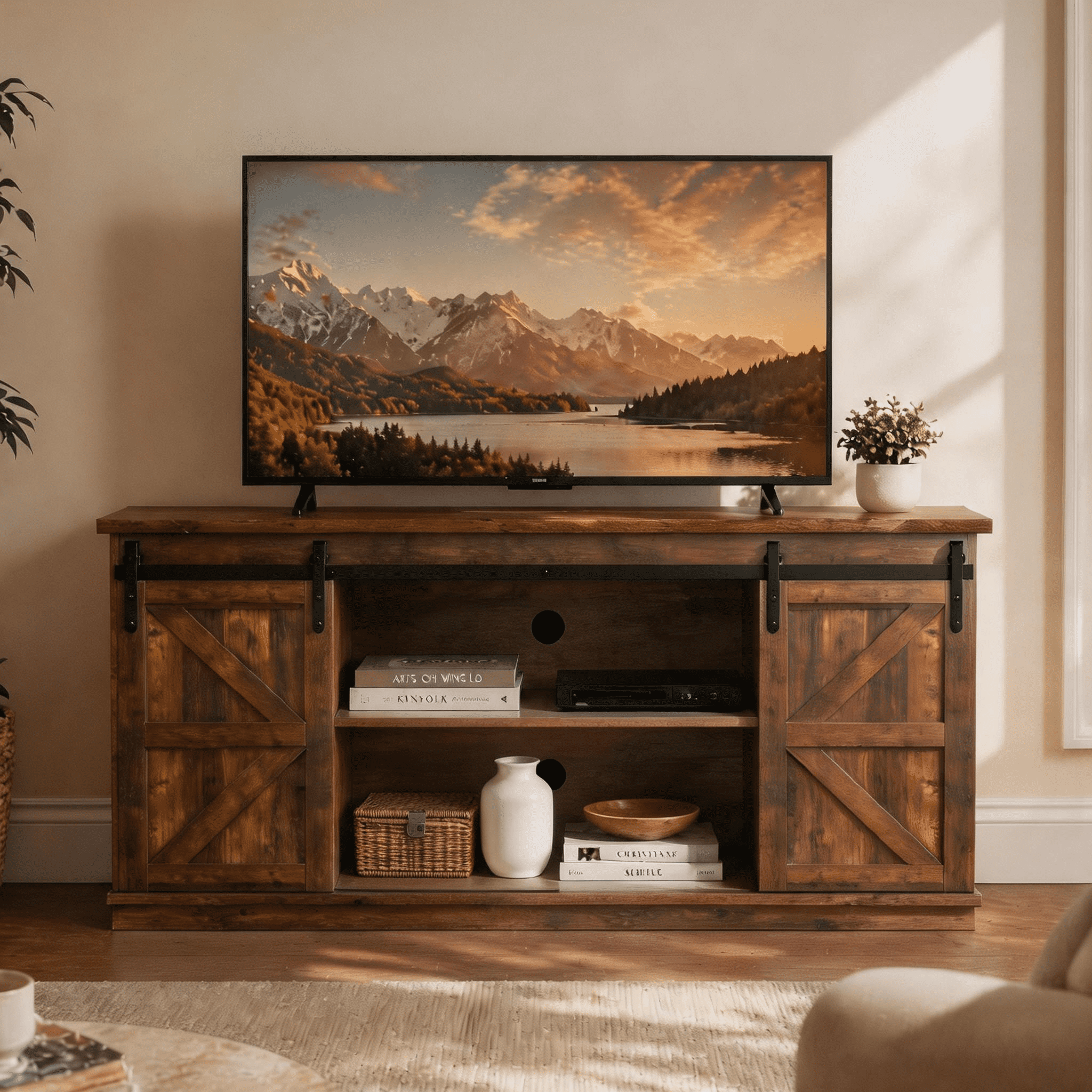 Homall 58'' TV Stand for TVs up to 65'', Storage Cabinet with Sliding Barn Door, Entertainment Center,Rustic Oak