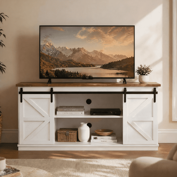 Homall 58'' TV Stand for TVs up to 65'', Storage Cabinet with Sliding Barn Door, Entertainment Center, White