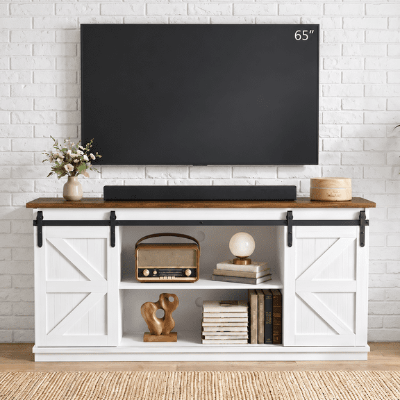 Homall Farmhouse TV Stand for TVs up to 65'', Storage Cabinet with Sliding Barn Door, Entertainment Center for Living Room, White