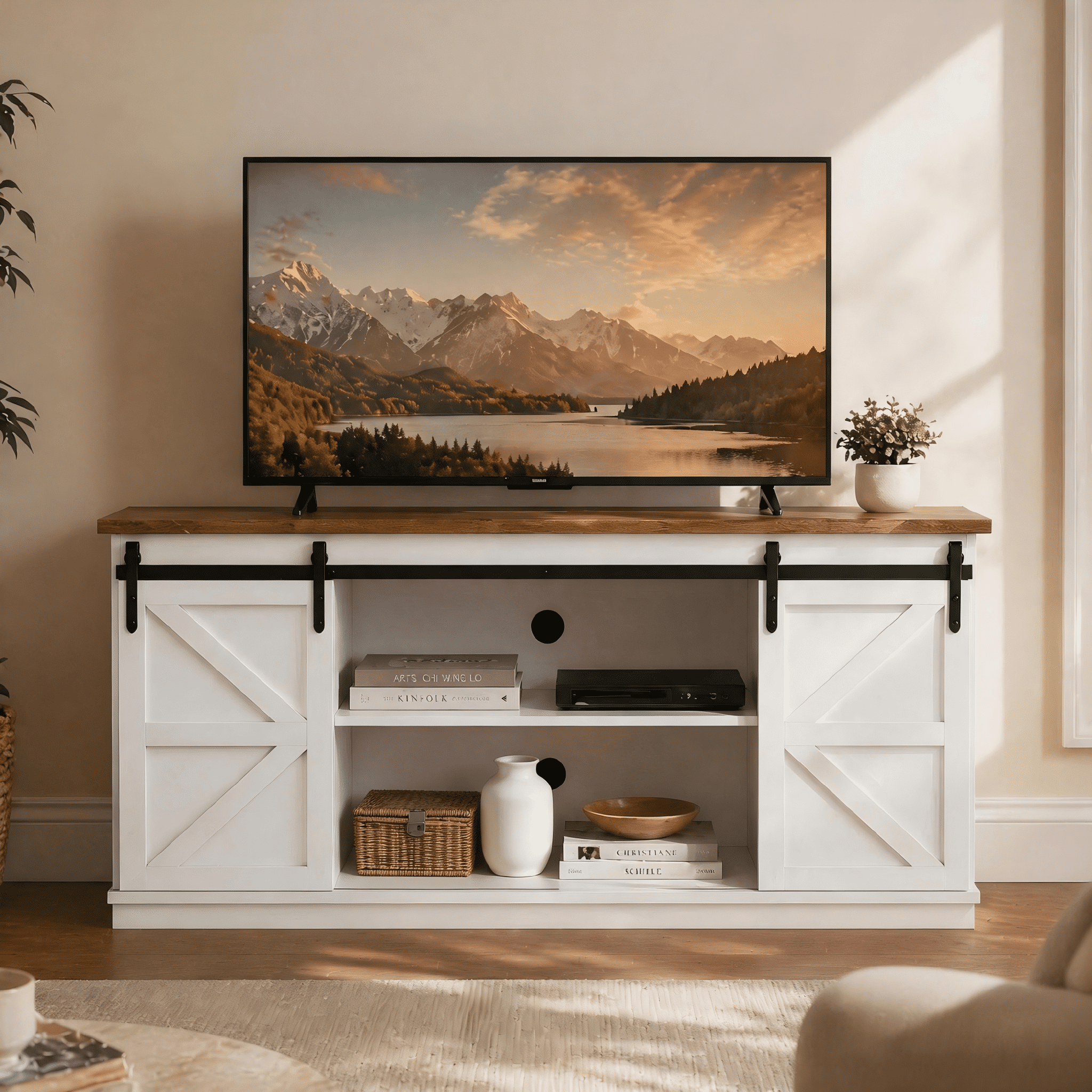 Homall 58'' TV Stand for TVs up to 65'', Storage Cabinet with Sliding Barn Door, Entertainment Center, White