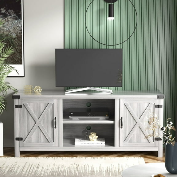 Homall Farmhouse TV Stand for 65 Inch TVs, Gray Wash Wood Entertainment Center with Storage Cabinet & Cable Management