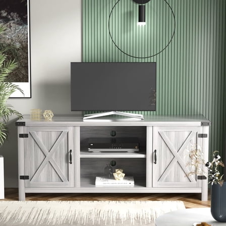 Homall Farmhouse TV Stand for 65 Inch TVs, Gray Wash Wood Entertainment Center with Storage Cabinet & Cable Management