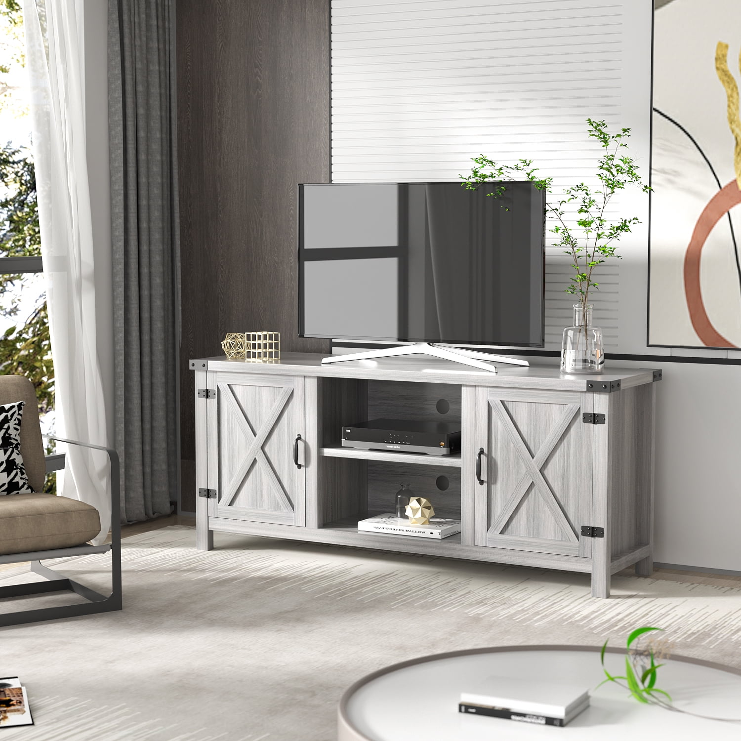 "Homall Entertainment Center, Wood Console Barn TwoDoor TV Stand for TVs up to 65"", Gray Wash, Modern & Rustic"  (图1)