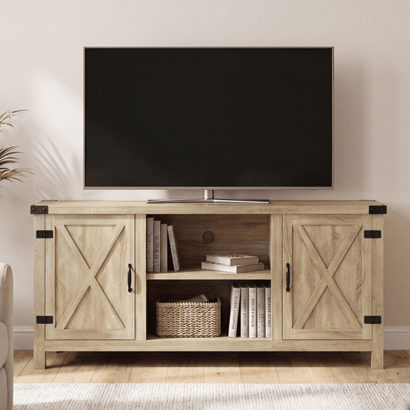 Homall Farmhouse TV Stand for 65 Inch TVs, Oak Wood Entertainment Center with Storage Cabinet & Cable Management